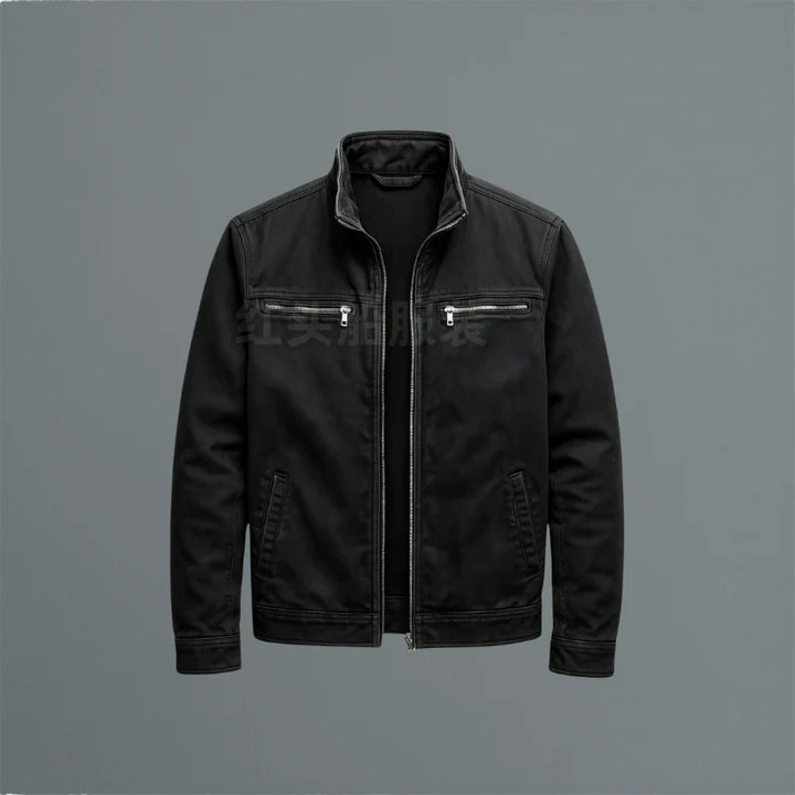 Side profile of men's olive green zip-up jacket displaying relaxed fit and structured fabric