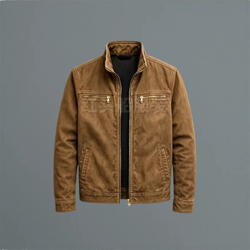 Detail shot of men's jacket zip pockets and smooth fabric finish in olive green