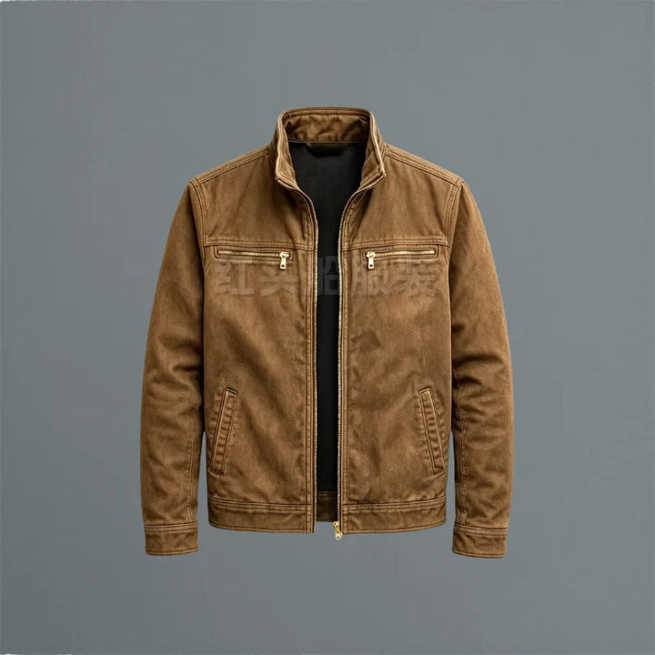 Detail shot of men's jacket zip pockets and smooth fabric finish in olive green