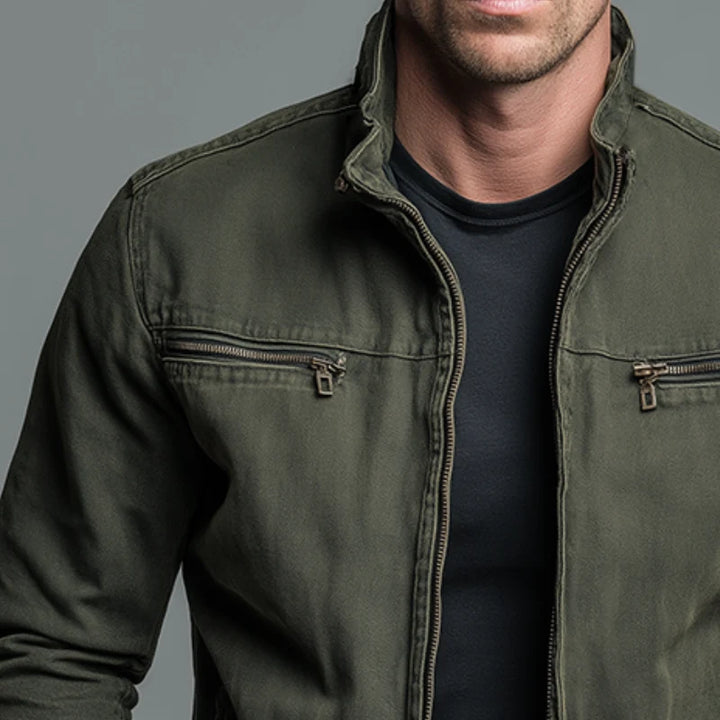 Full-length view of men's zip-up jacket highlighting stand collar and clean silhouette