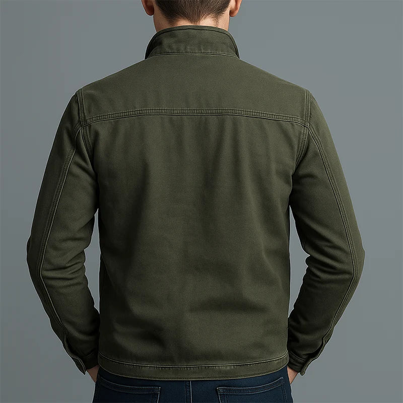 Men's casual zip-up jacket in olive green demonstrating practical outerwear design