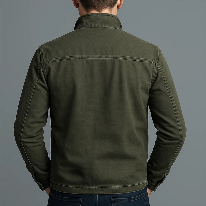 Men's casual zip-up jacket in olive green demonstrating practical outerwear design