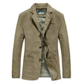 Men's casual blazer in khaki with notched lapels and three-button closure on white background