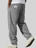 Close-up view of men's corduroy trousers showing ribbed texture detail and straight leg silhouette