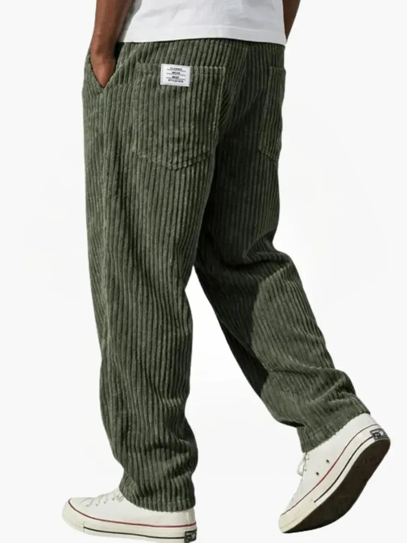 Corduroy trousers showing textured fabric detail and relaxed everyday styling