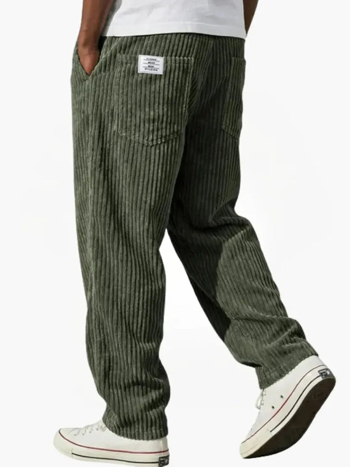 Corduroy trousers showing textured fabric detail and relaxed everyday styling