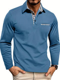 Men's long sleeve polo shirt in blue with gingham collar detail and chest pocket