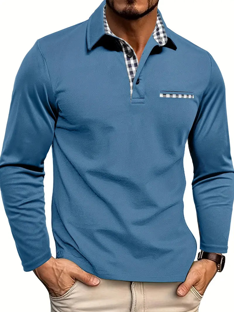 Men's long sleeve polo shirt in blue with gingham collar detail and chest pocket