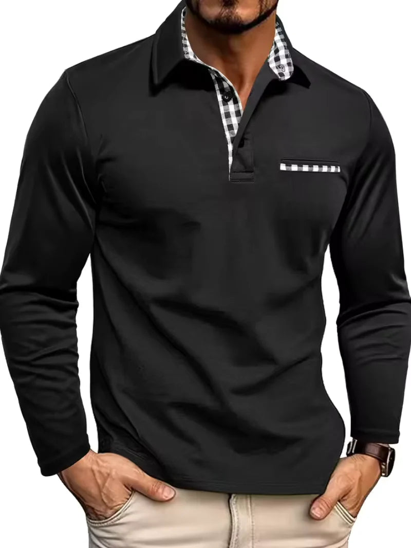 Close-up of men's polo shirt showing gingham contrast collar and button placket detail