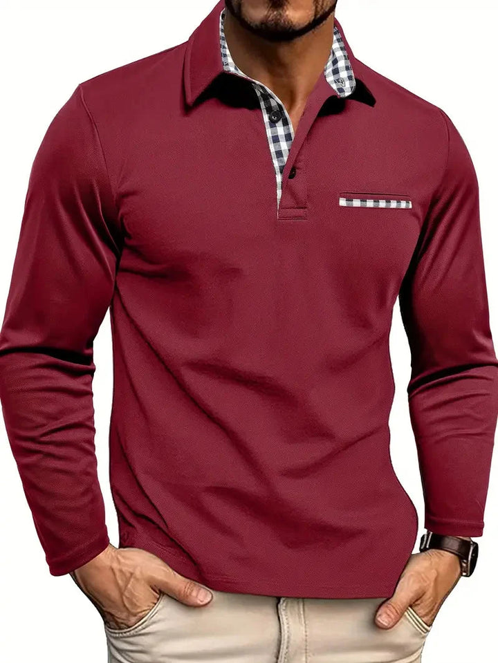 Side view of men's long sleeve polo shirt displaying relaxed fit and sleeve construction