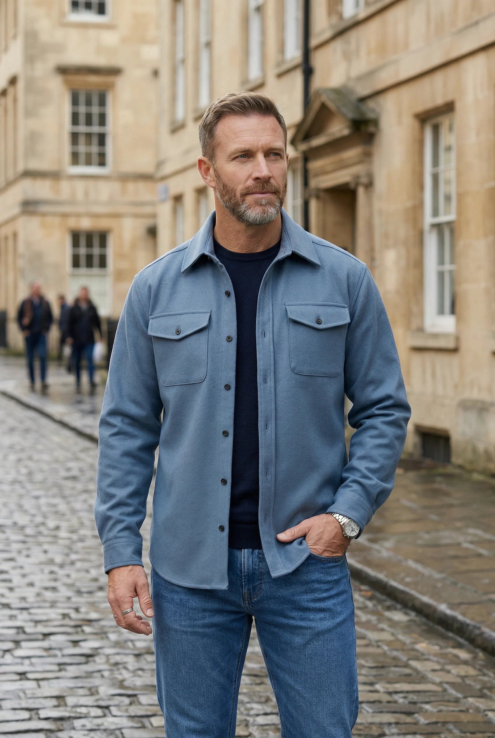 Back view of men's overshirt jacket displaying smooth woven construction and tailored silhouette