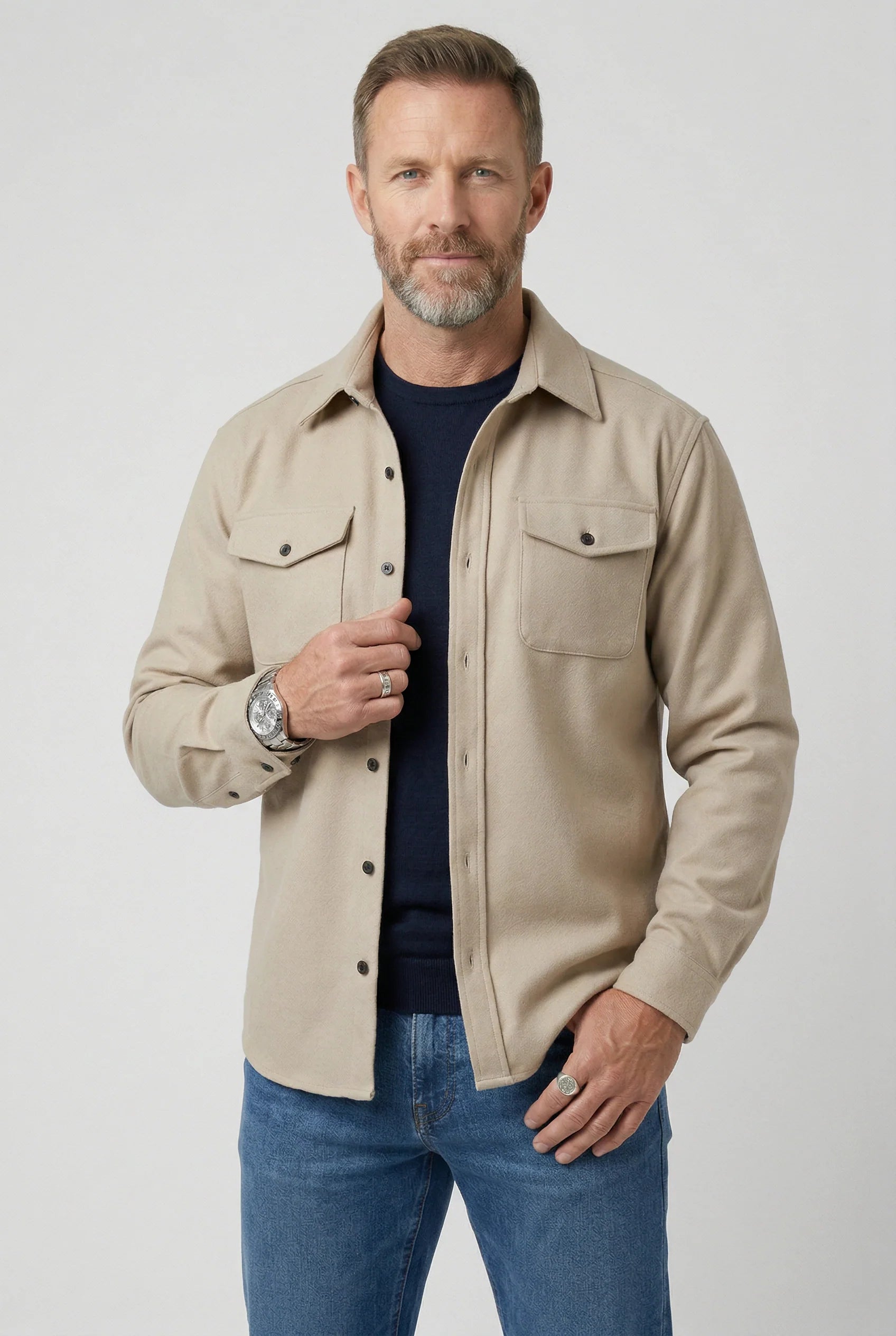 Men's overshirt jacket in beige colourway with utility-inspired chest pocket detailing and button closure