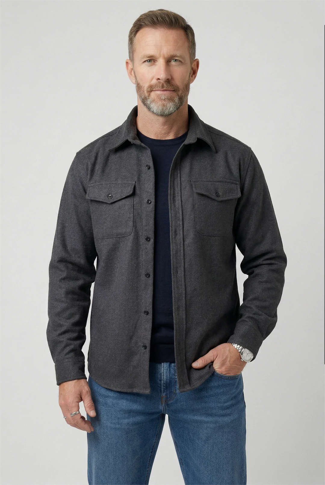 Full-length view of men's overshirt jacket showing relaxed fit through body and sleeves