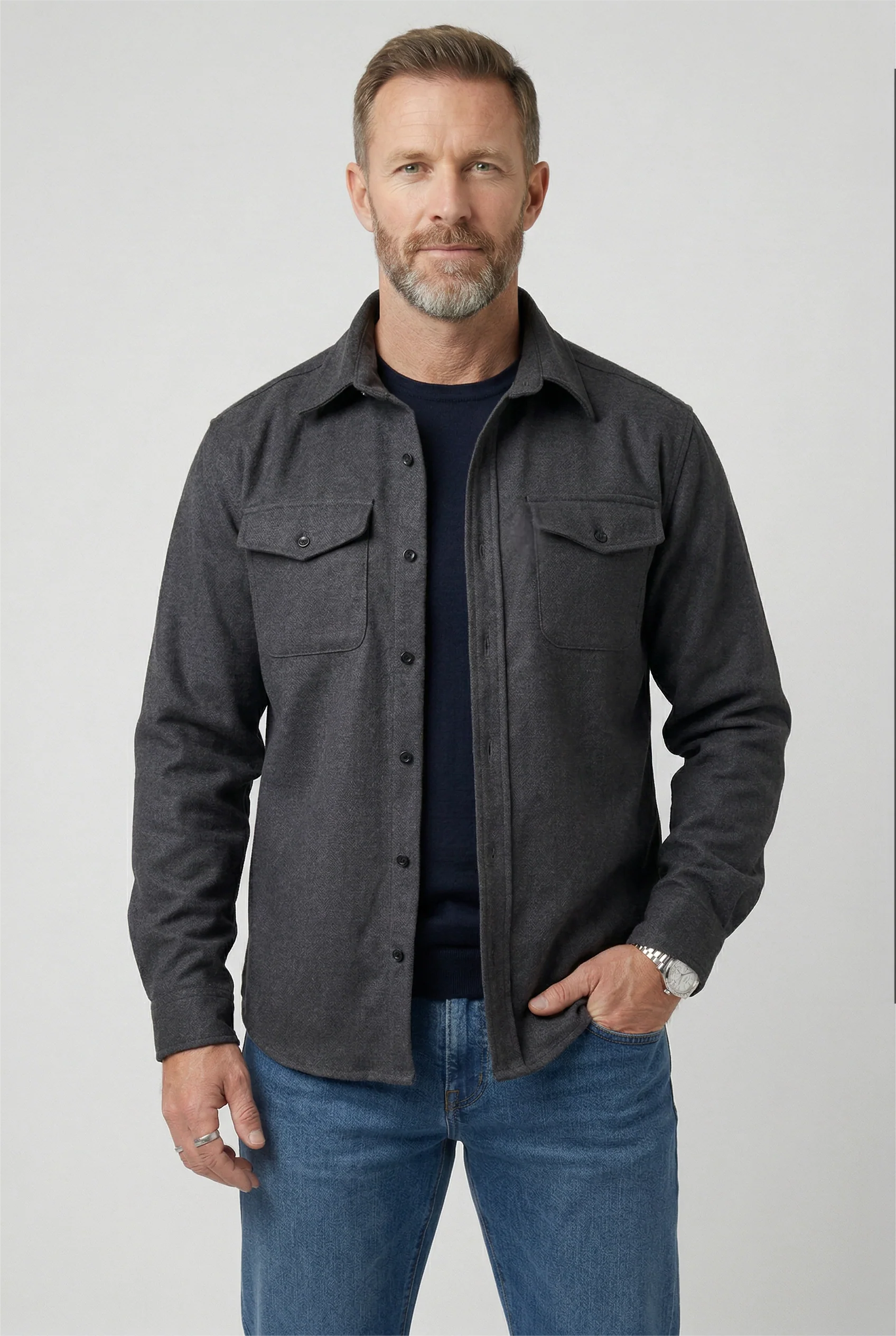 Full-length view of men's overshirt jacket showing relaxed fit through body and sleeves