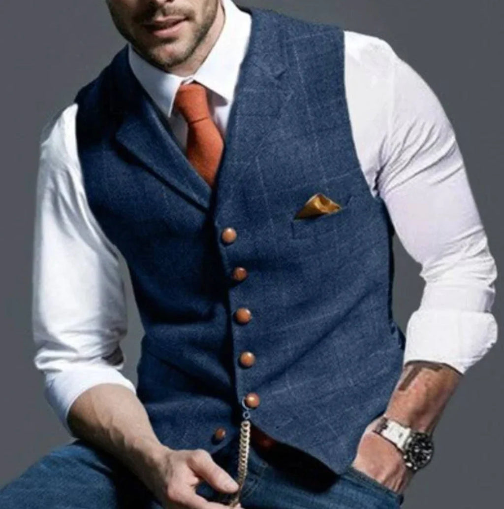 Men's tailored waistcoat in navy blue with structured woven fabric and button-front closure