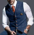 Men's tailored waistcoat in navy blue with structured woven fabric and button-front closure