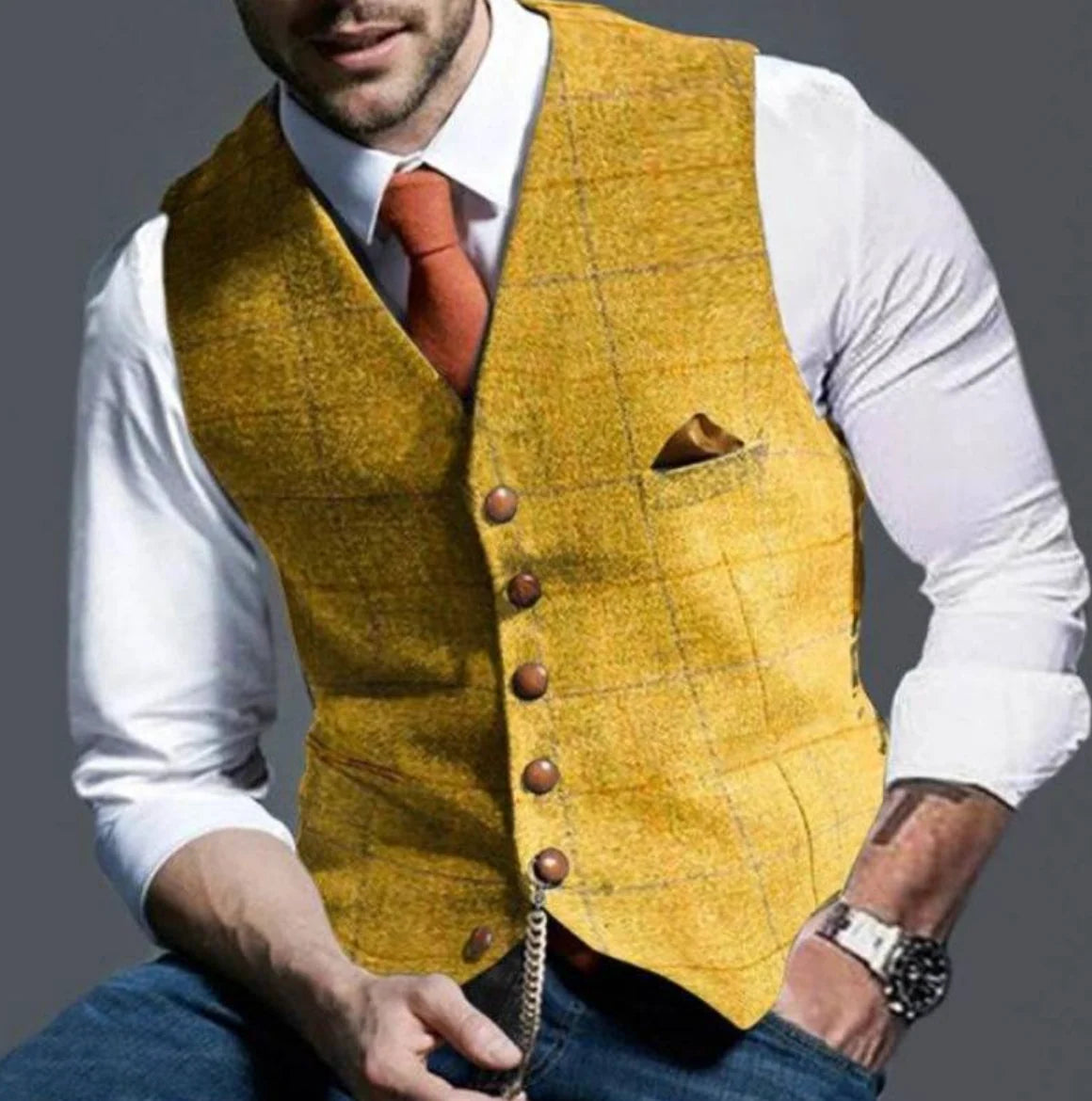Close-up view of men's waistcoat showing V-neck cut and welt pocket detail