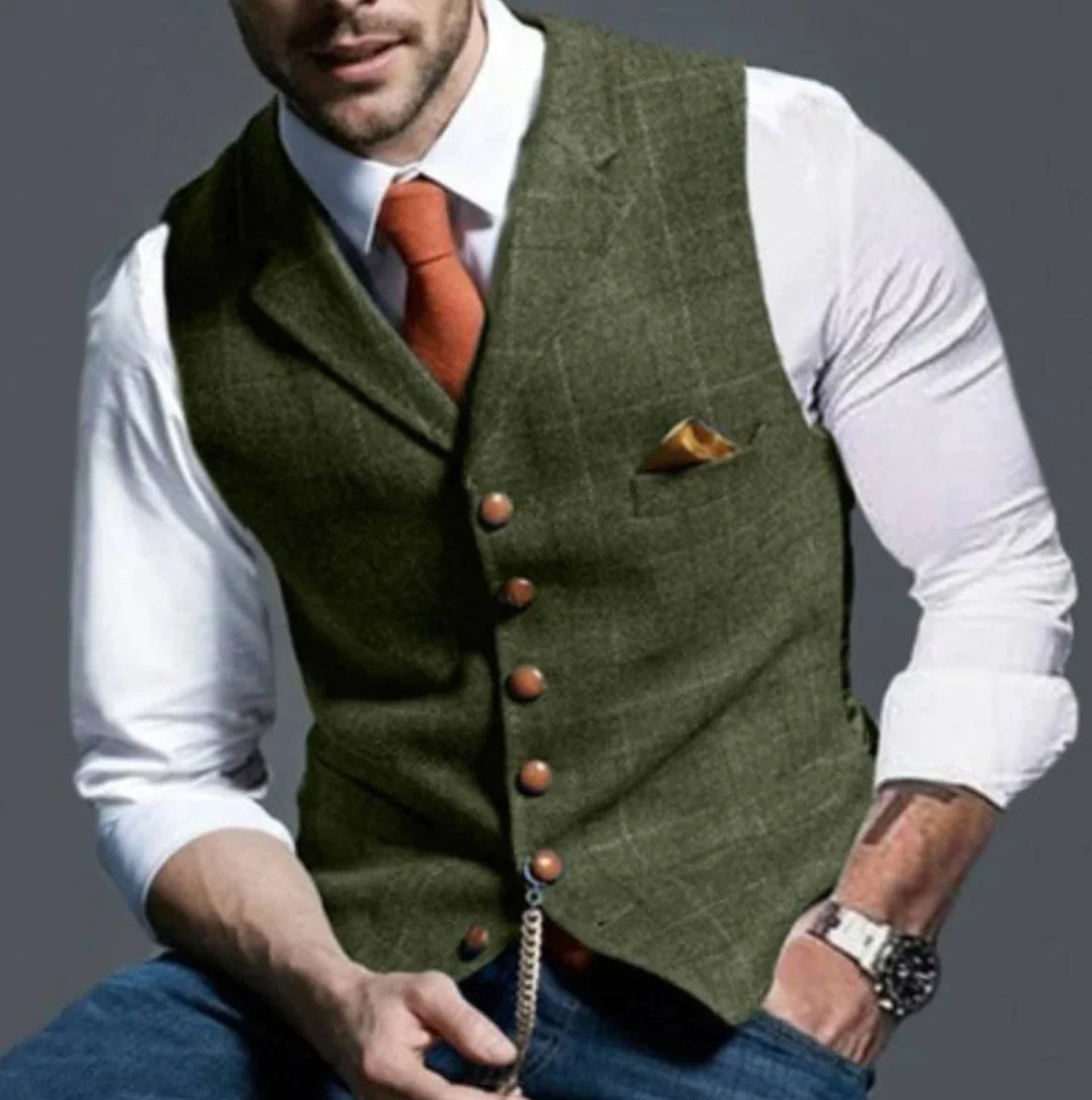 Side view of men's tailored waistcoat displaying adjustable back strap and regular fit
