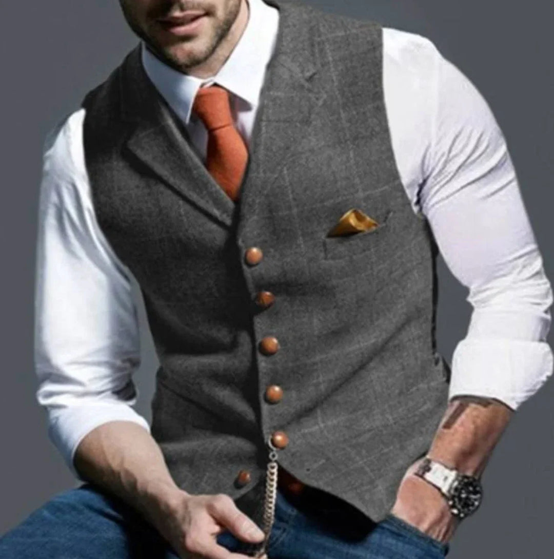 Front detail of men's waistcoat showing six-button closure and structured fabric texture