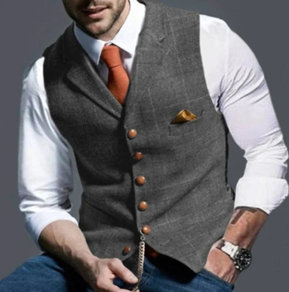 Front detail of men's waistcoat showing six-button closure and structured fabric texture