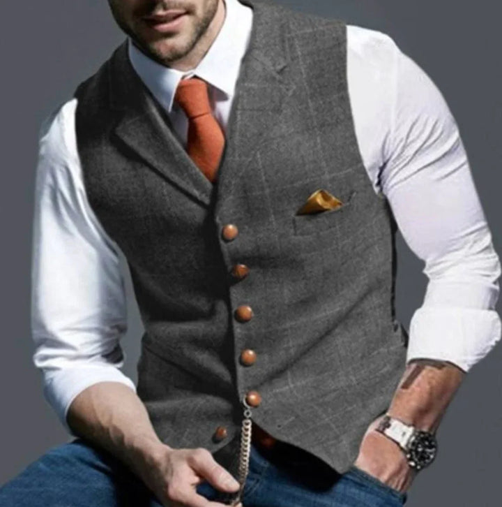 Front detail of men's waistcoat showing six-button closure and structured fabric texture