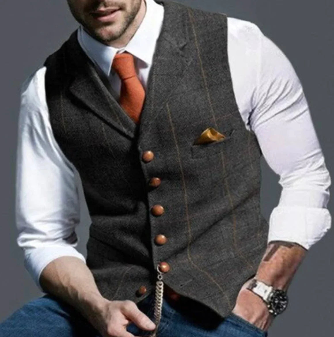 Men's waistcoat in olive green paired with white shirt for smart-casual styling