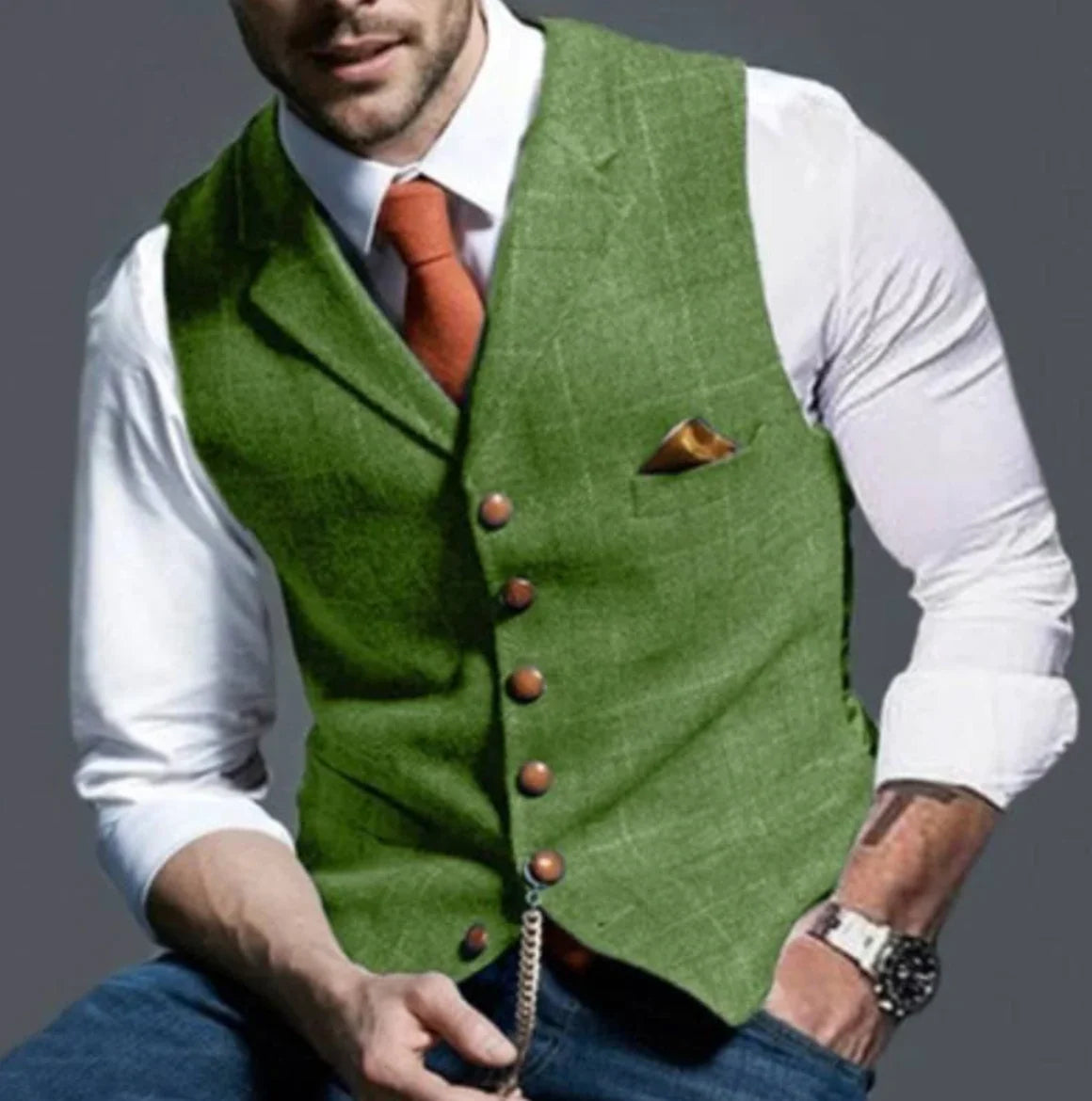 Back view of men's waistcoat featuring adjustable strap for tailored fit