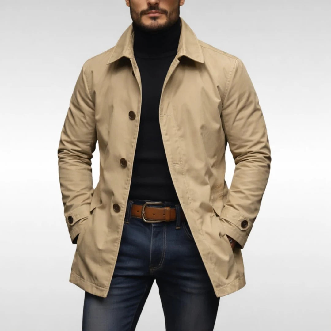 Front view of men's coat with concealed button closure and smooth fabric finish