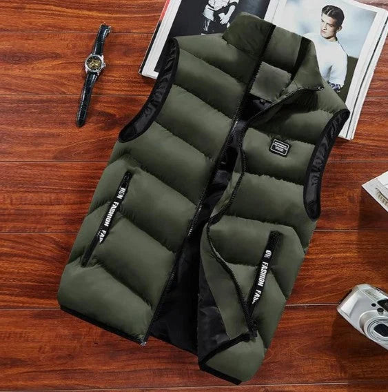 Men's sleeveless puffer gilet laid flat displaying quilted panels and stand collar structure