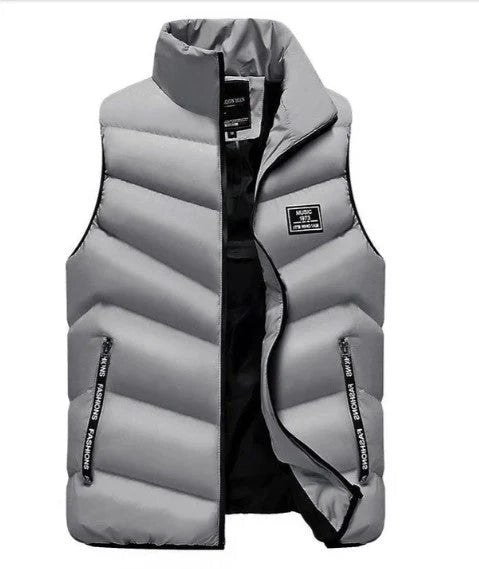 Detail shot of men's puffer gilet zip pocket and quilted stitching pattern
