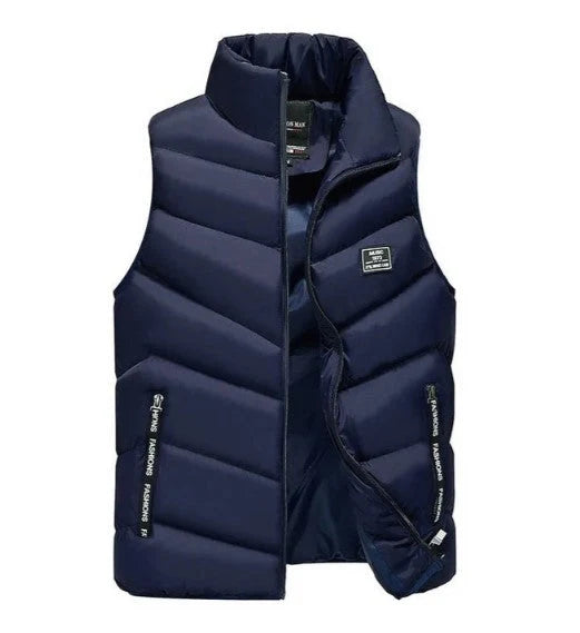Men's puffer gilet front view showing stand collar and full-length zip fastening
