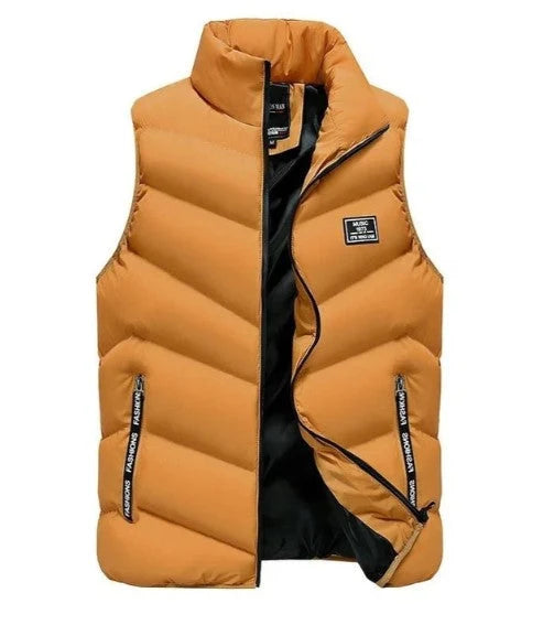 Overhead view of men's puffer gilet showing quilted design and zip pockets