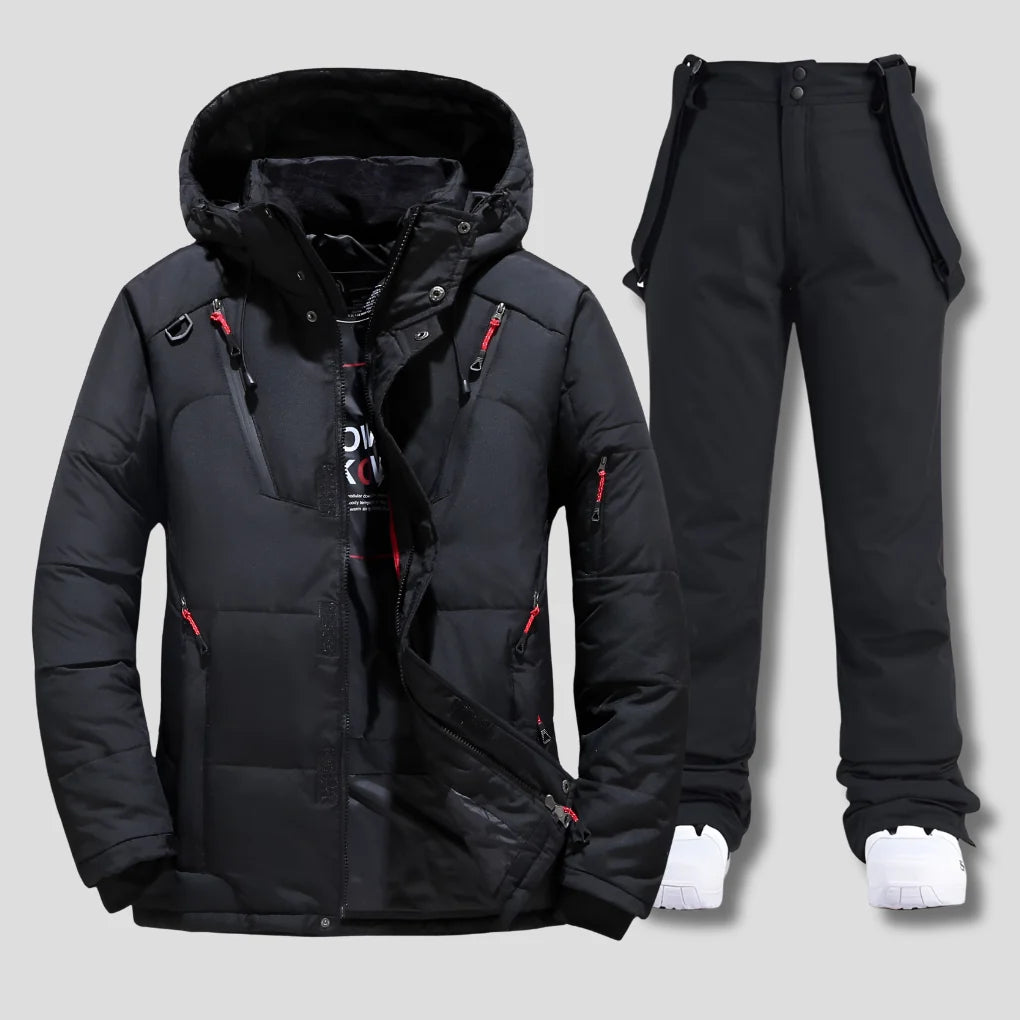 Men's ski suit set with hooded jacket and insulated trousers in charcoal grey with red zip accents