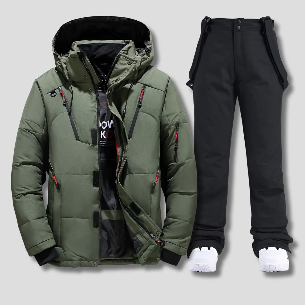 Close-up of men's ski jacket showing padded construction, adjustable hood, and multiple zippered pockets