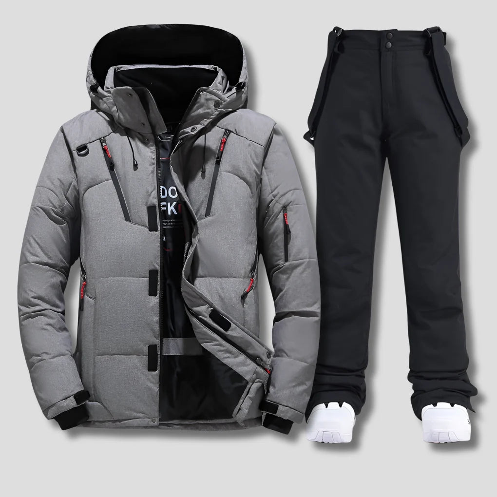 Men's ski trousers with adjustable braces, button waist, and relaxed fit for winter sports