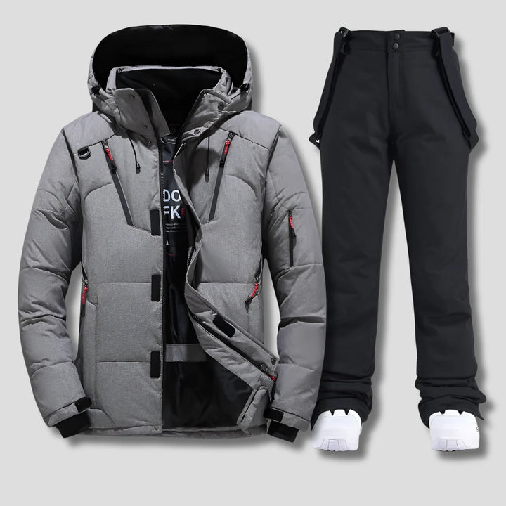 Men's ski trousers with adjustable braces, button waist, and relaxed fit for winter sports