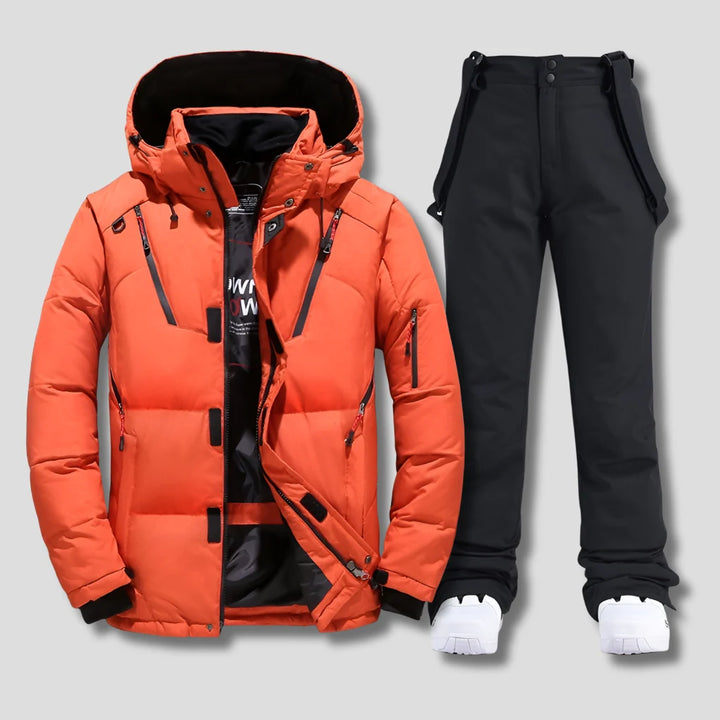 Full view of two-piece ski suit set displaying water-resistant fabric and coordinated jacket and trouser design