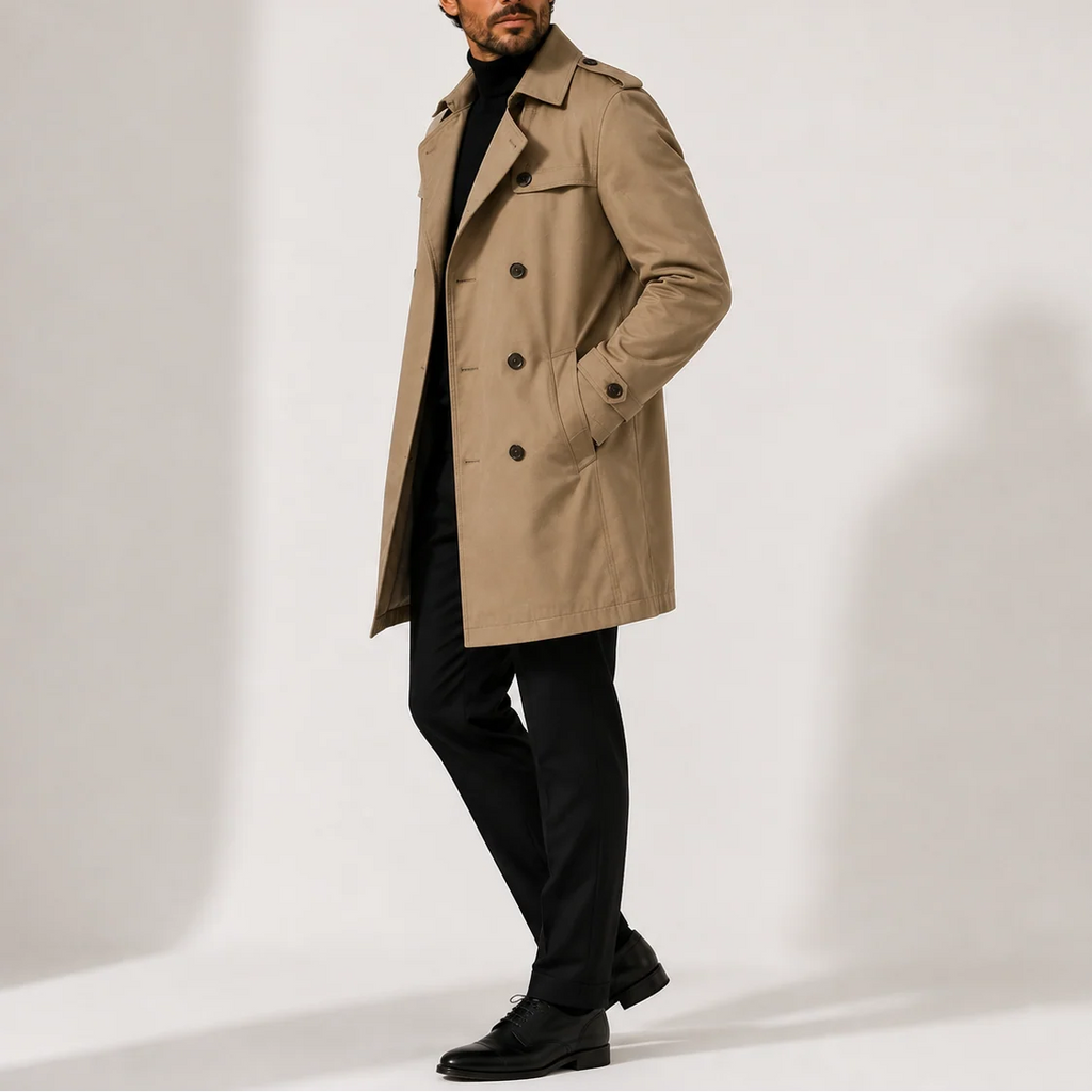 Side view of men's tailored trench coat displaying mid-thigh length and adjustable cuff straps