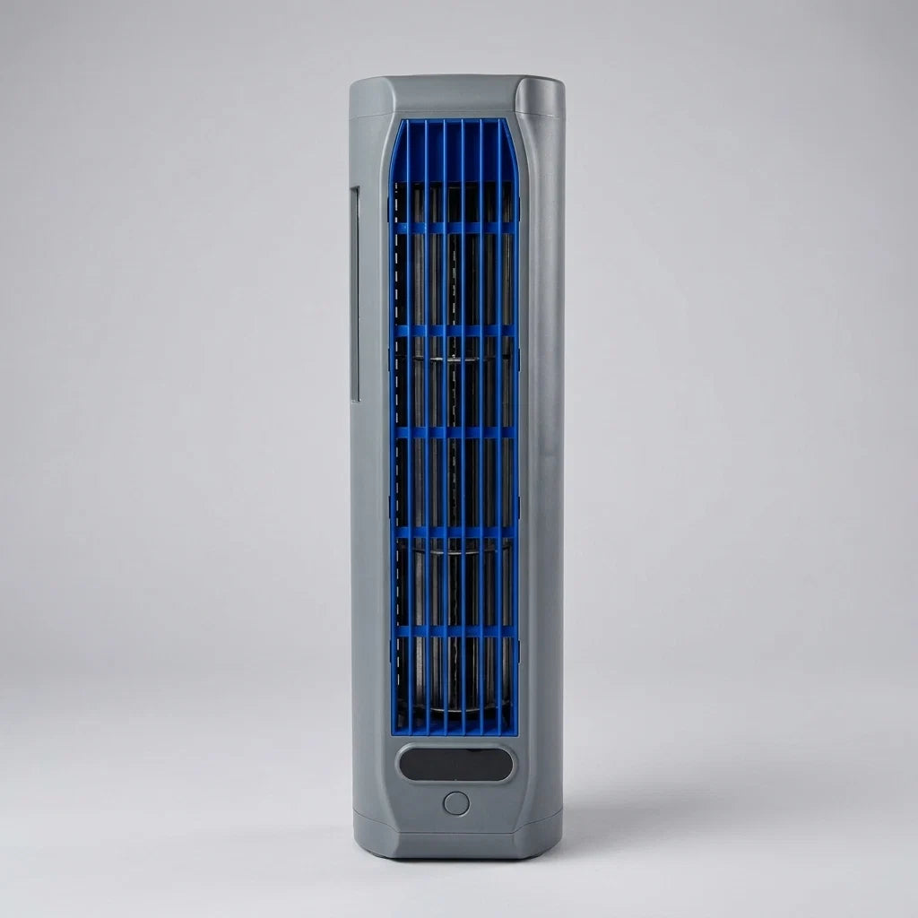 Portable tower fan with rechargeable battery in grey finish with blue rotating grille for bedroom cooling