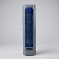 Portable tower fan with rechargeable battery in grey finish with blue rotating grille for bedroom cooling