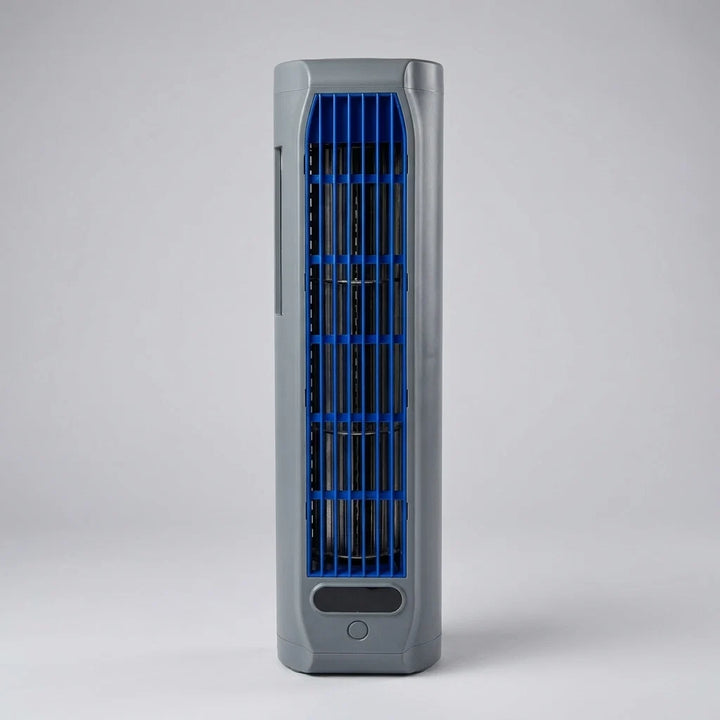 Portable tower fan with rechargeable battery in grey finish with blue rotating grille for bedroom cooling