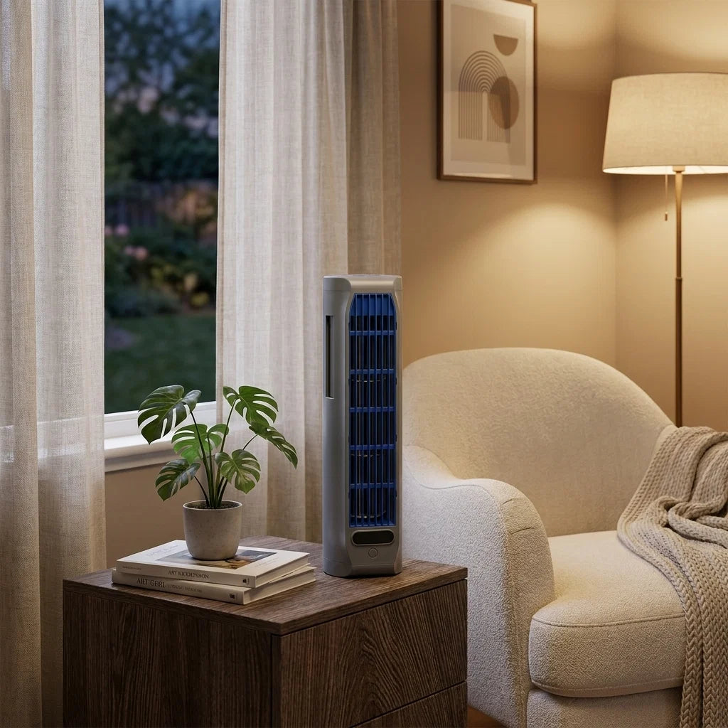 Cordless tower fan showing compact design with wireless rechargeable base and bladeless airflow vent