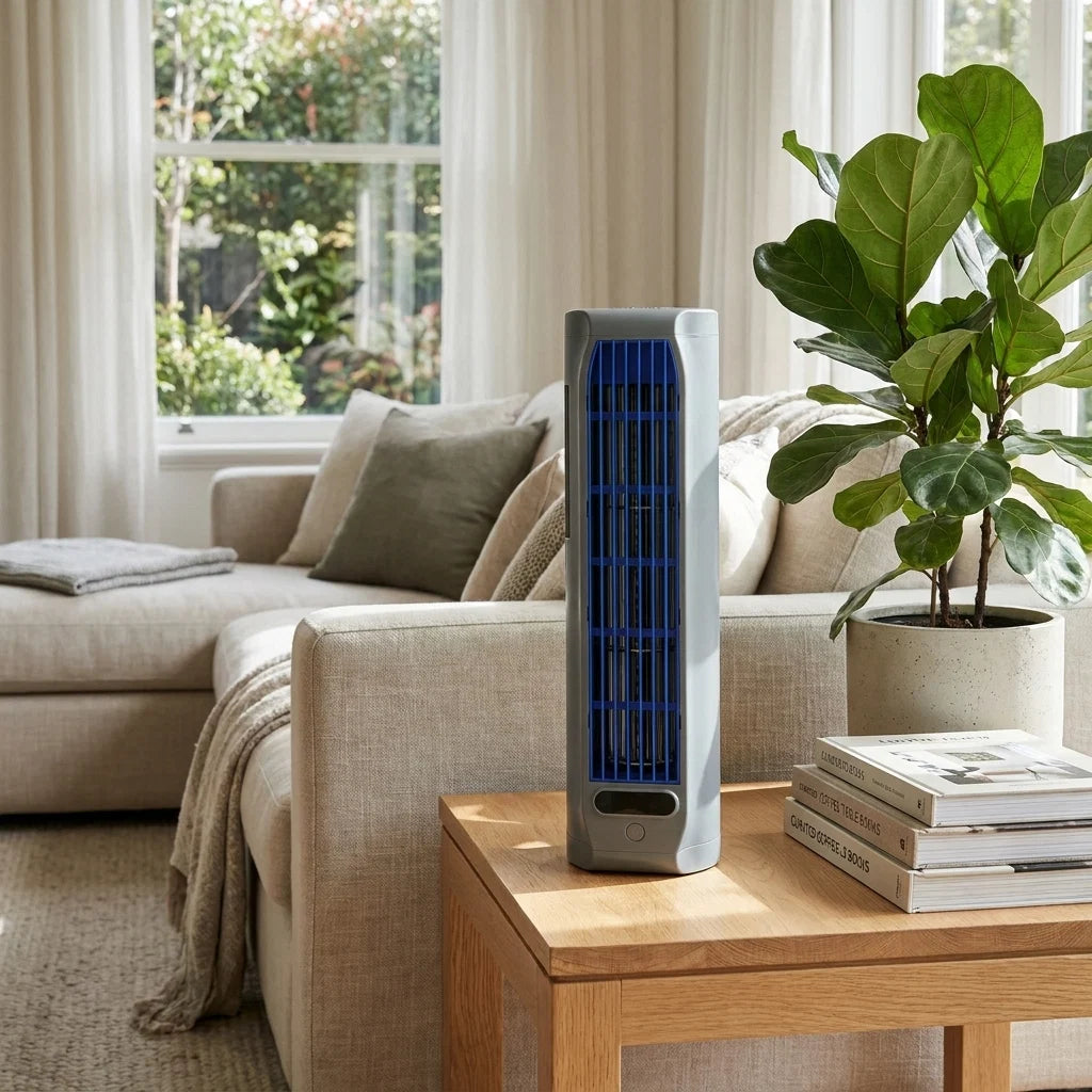 Rechargeable portable fan with rotating oscillating grille ideal for desk and bedside table use
