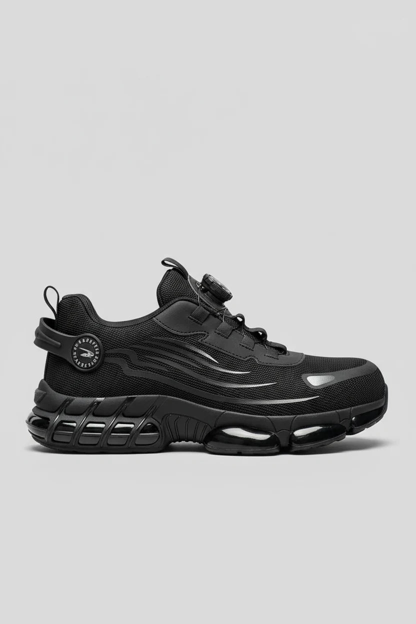 Men's steel toe cap trainers in black with dial fastening and chunky sole