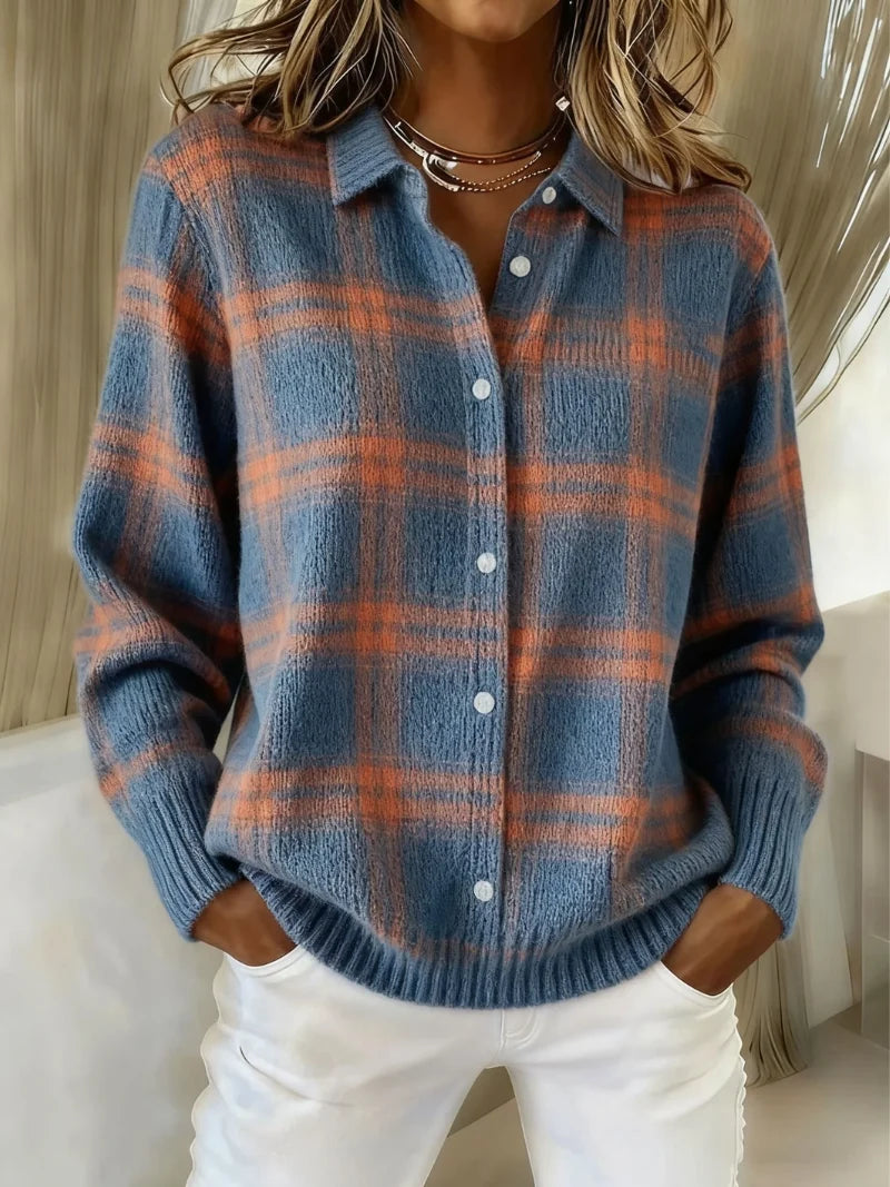 Women's checked knit shirt in blue and rust tones with button-front closure and ribbed cuffs
