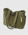 Interior view of roomy corduroy tote bag showing wide opening and storage capacity