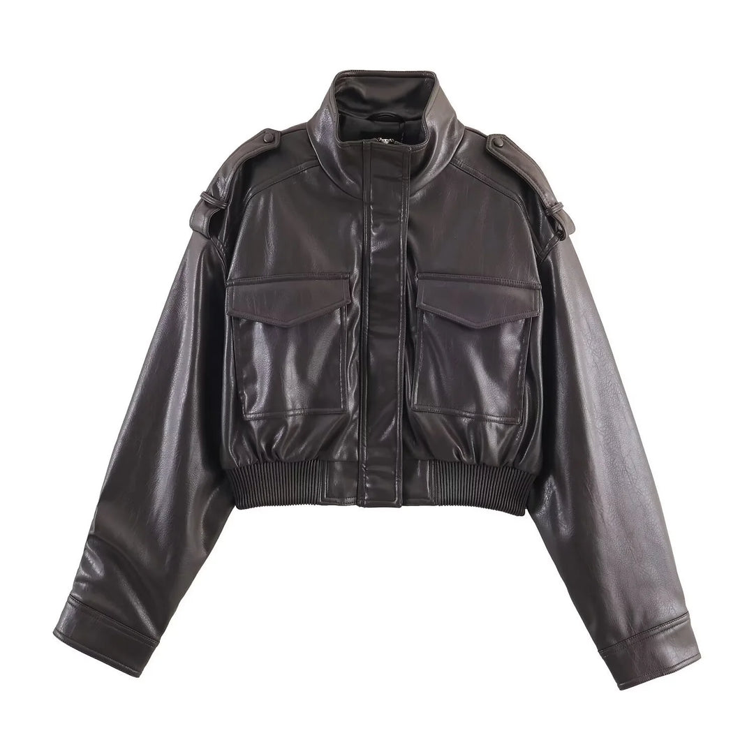 Women's cropped bomber jacket in dark brown with front zip closure and chest pockets