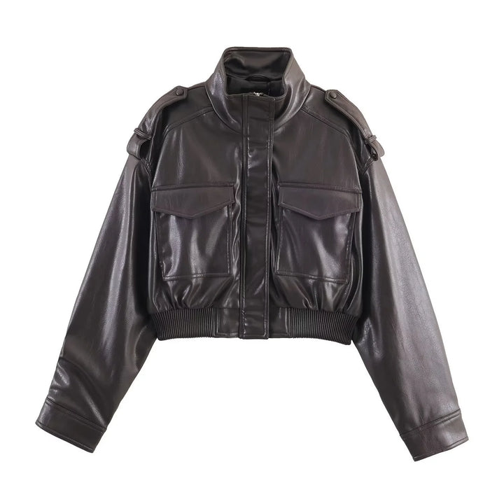 Women's cropped bomber jacket in dark brown with front zip closure and chest pockets