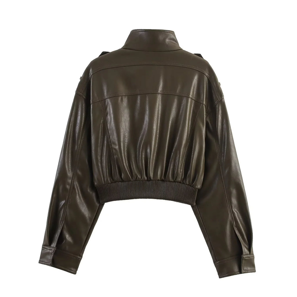 Dark brown cropped bomber jacket with stand collar and flap pockets
