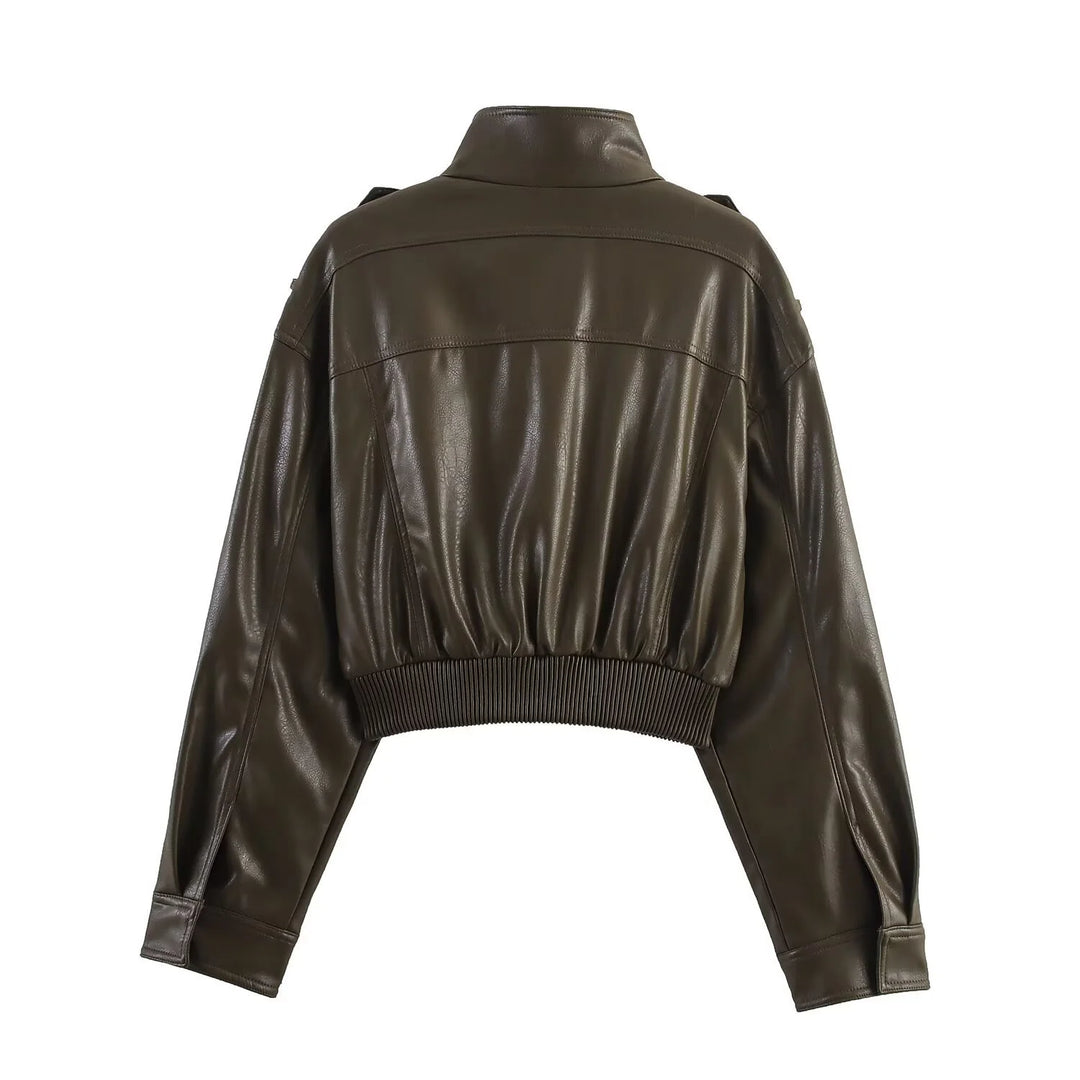 Dark brown cropped bomber jacket with stand collar and flap pockets